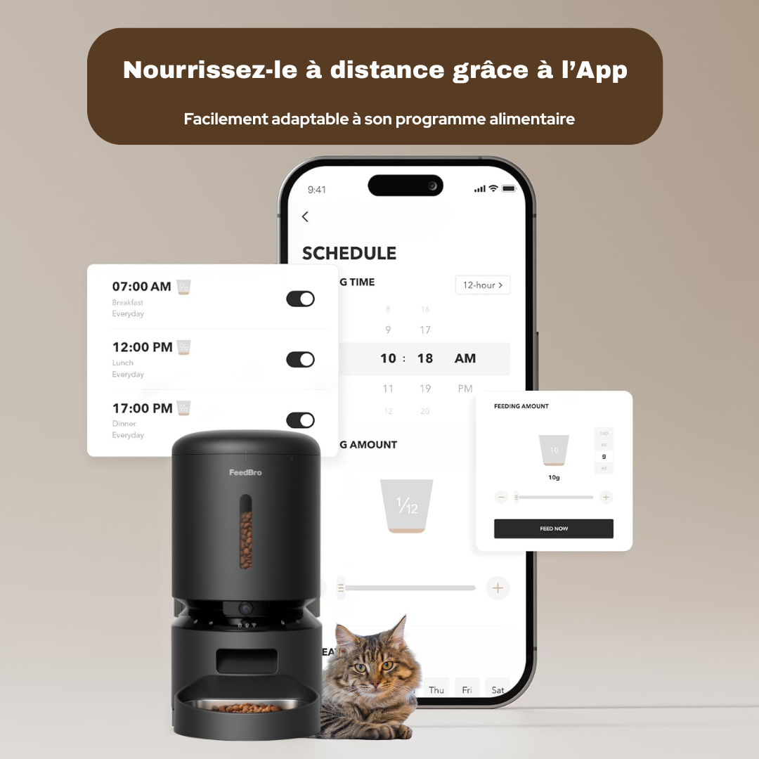 Distributeur Automatique de Croquettes pour Chat Connecté 4L - Feedbro